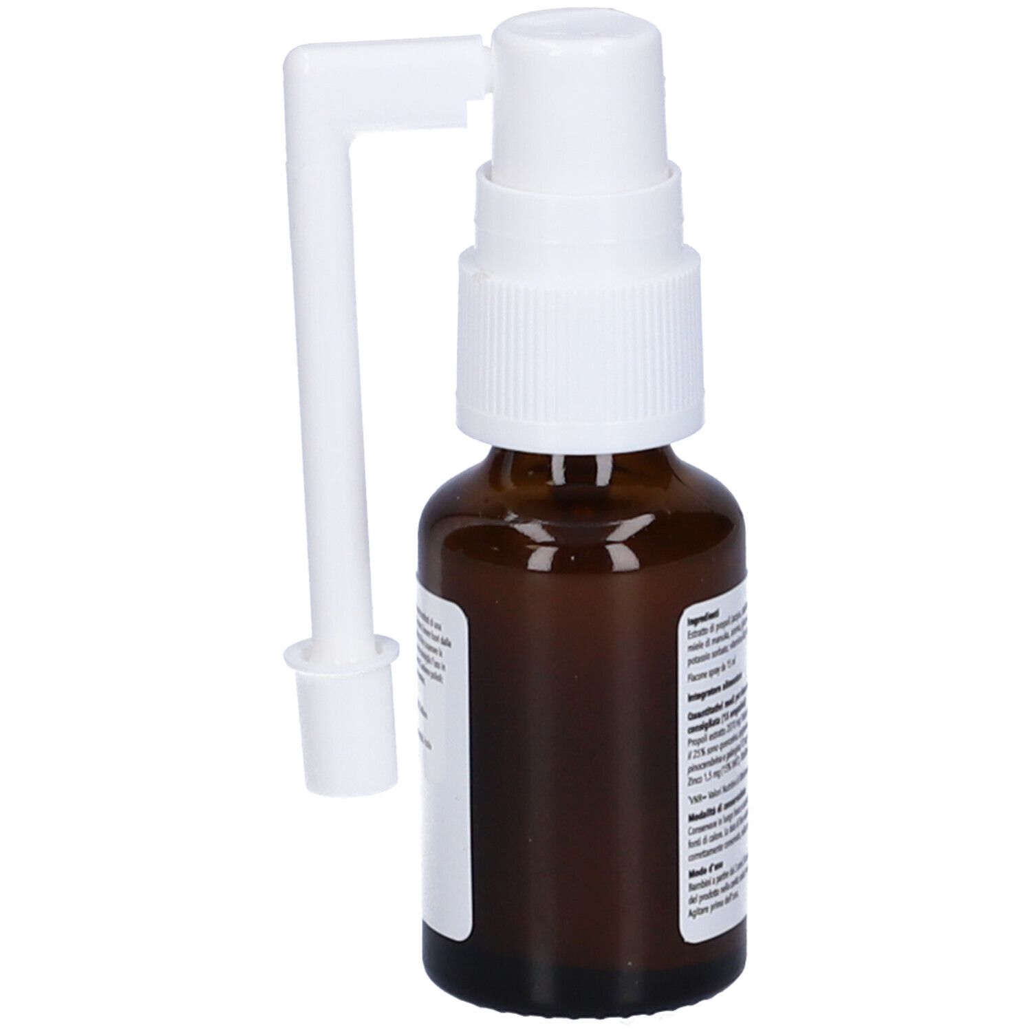 Braune Glasflasche mit weißem Sprühkopf und Applikator. Etikett mit Produktinformationen. Winkelansicht.