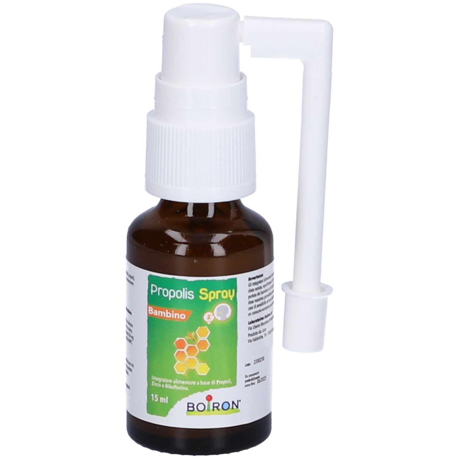 Braune Glasflasche mit weißem Sprühkopf und Applikator. Etikett mit Produktinformationen. Aufschrift: Propolis Spray Bambino.