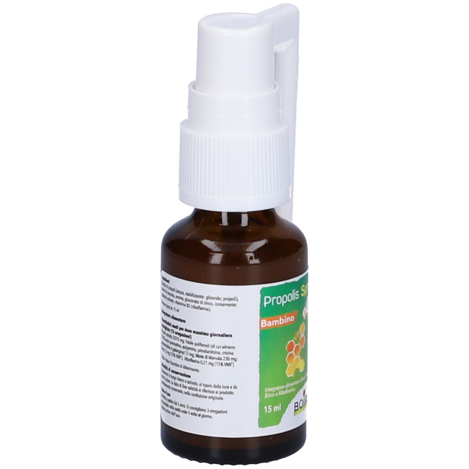 Braune Glasflasche mit weißem Sprühkopf und Applikator. Etikett mit Produktinformationen. Aufschrift: Propolis Spray Bambino.