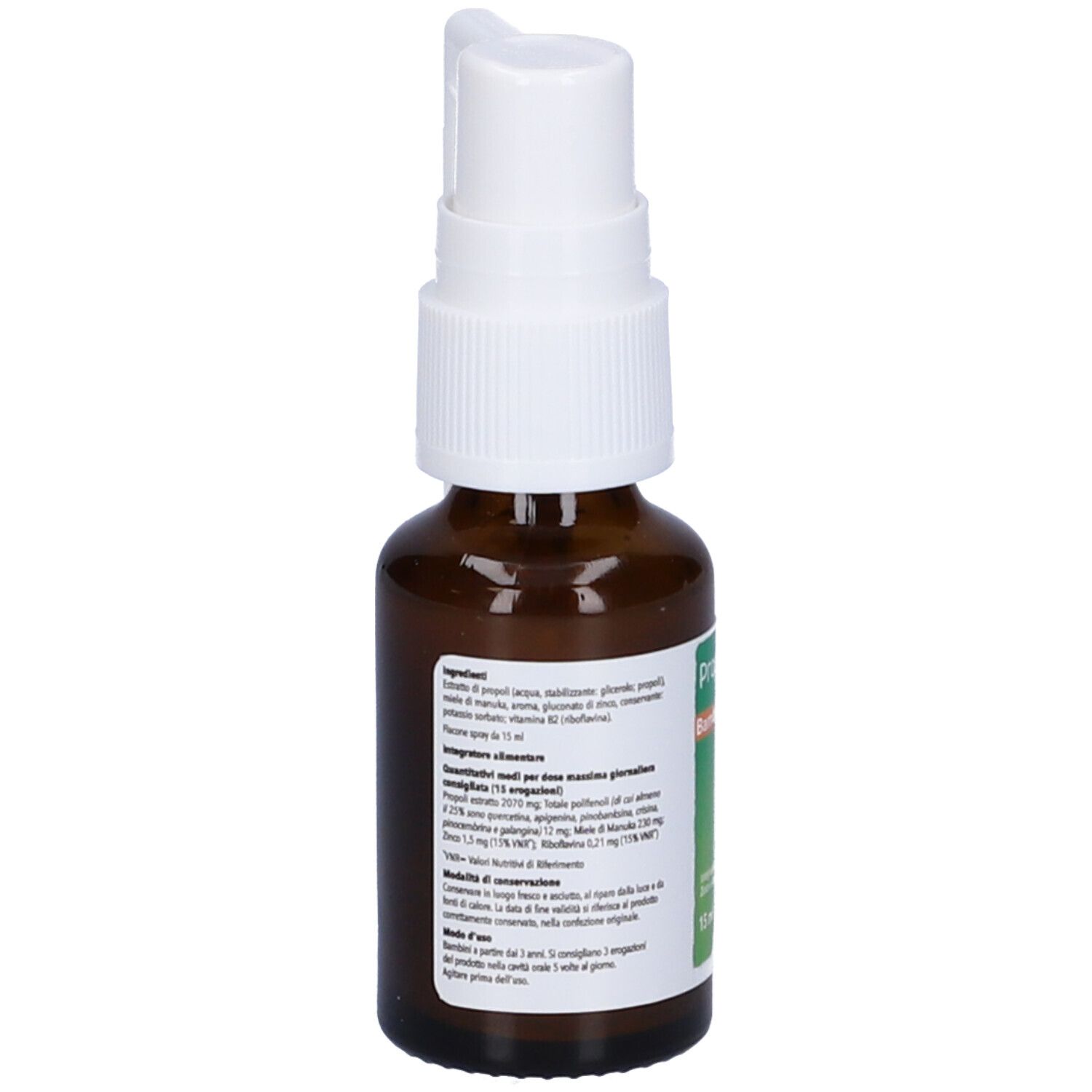 Braune Glasflasche mit weißem Sprühkopf. Etikett mit Produktinformationen. Aufschrift: Propolis Spray Bambino.