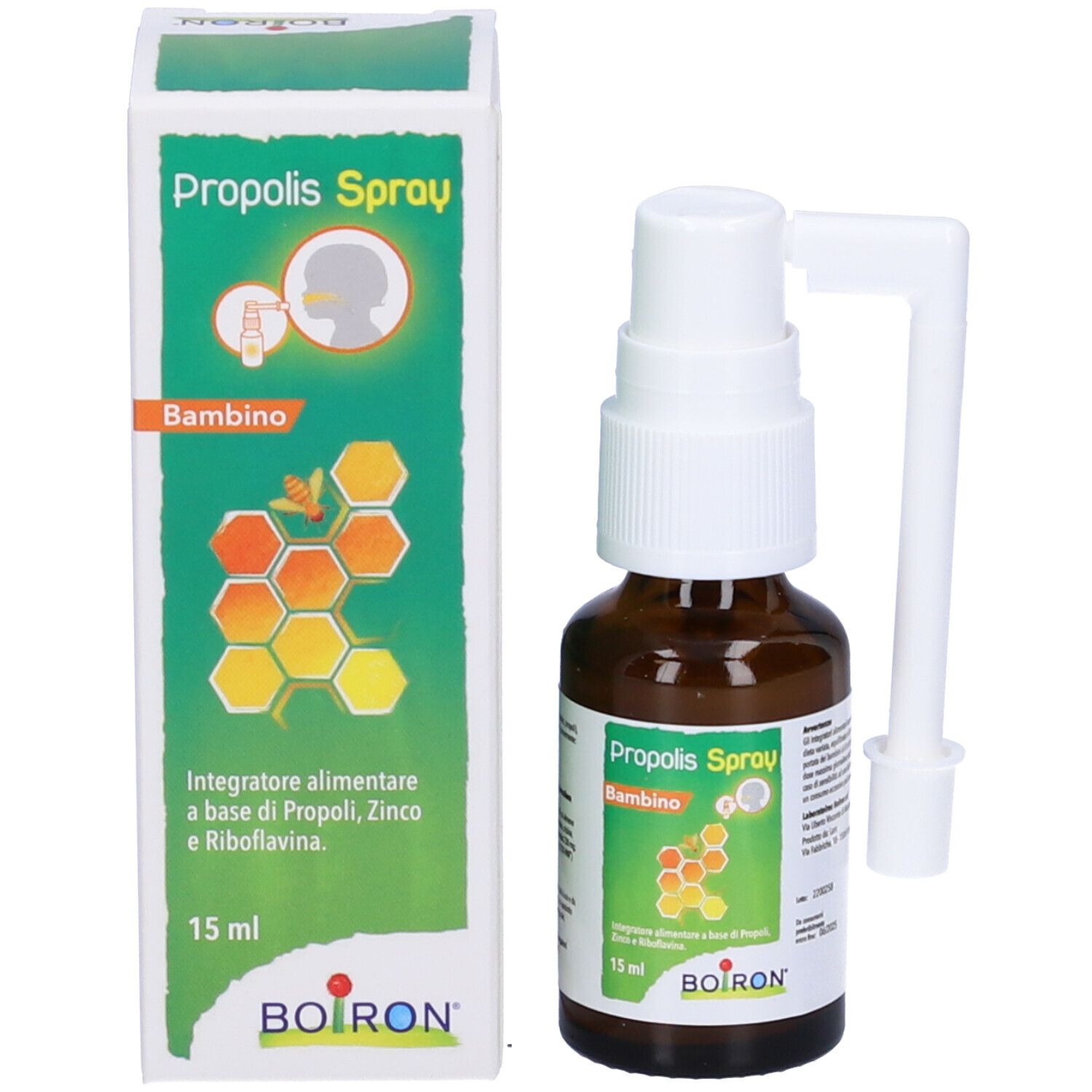 Braune Glasflasche und Karton. Aufschrift: Propolis Spray Bambino. Karton mit Produktabbildung und Informationen.