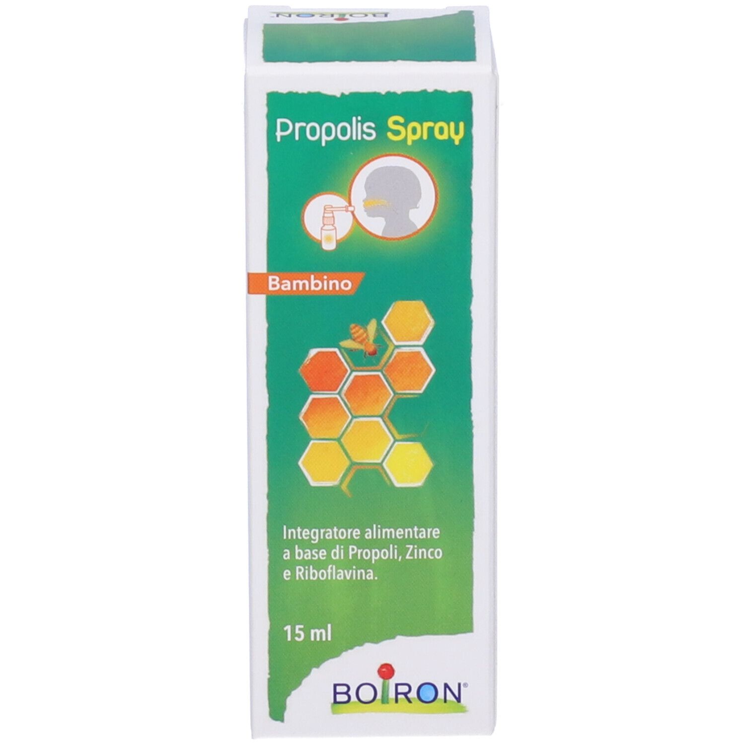Karton mit Produktabbildung und Informationen. Aufschrift: Propolis Spray Bambino. Marke: Boiron.