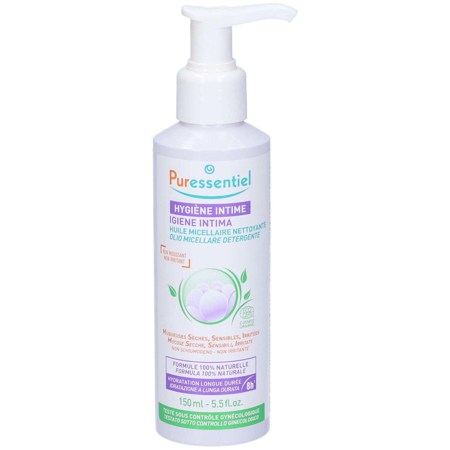 Flacone bianco con dosatore. Scritta: Puressentiel, Igiene Intima, Olio Micellare Detergente. 150 ml.