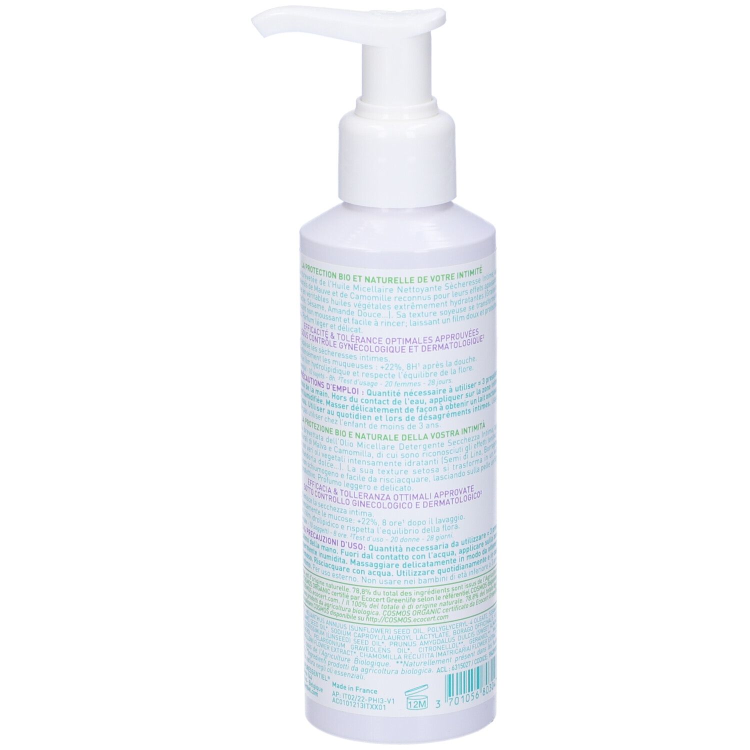 Flacone bianco con dosatore. Retro con testo. Ingredienti, istruzioni per l'uso, informazioni produttore.