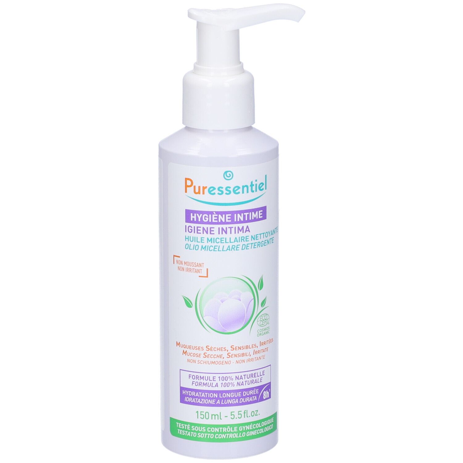 Flacone bianco con dosatore. Scritta: Puressentiel, Igiene Intima, Olio Micellare Detergente. 150 ml.