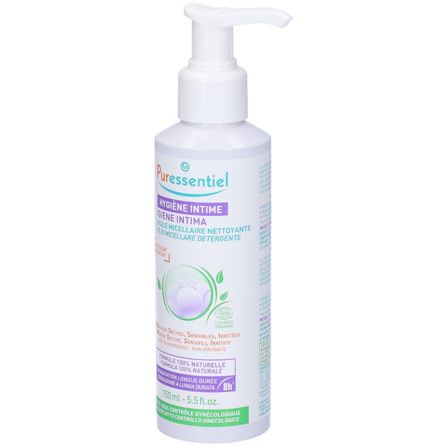 Flacone bianco con dosatore. Scritta: Puressentiel, Igiene Intima, Olio Micellare Detergente. 150 ml.