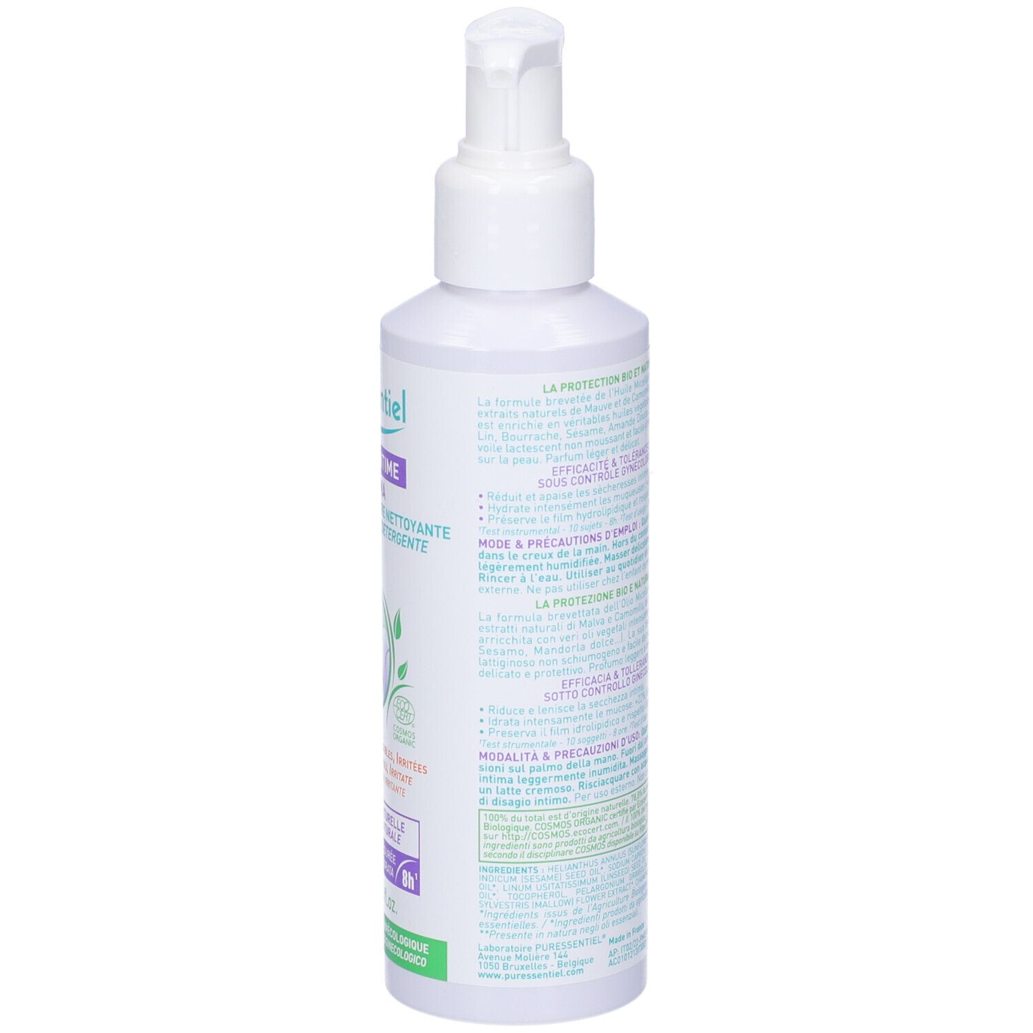 Flacone bianco con dosatore. Scritta: Puressentiel, Igiene Intima. Retro con testo.
