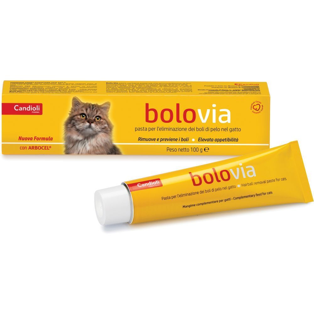 Tubo e scatola gialli con nome del prodotto e immagine di gatto. Testo in italiano.