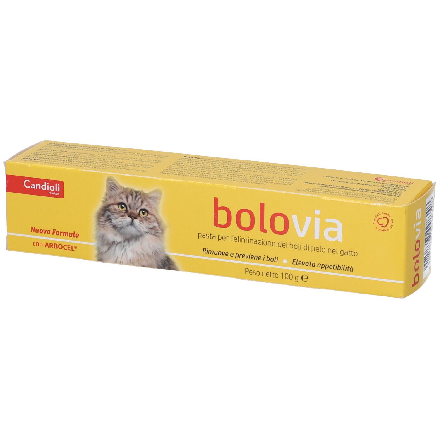 Scatola gialla con nome del prodotto e immagine di gatto. Testo in italiano.