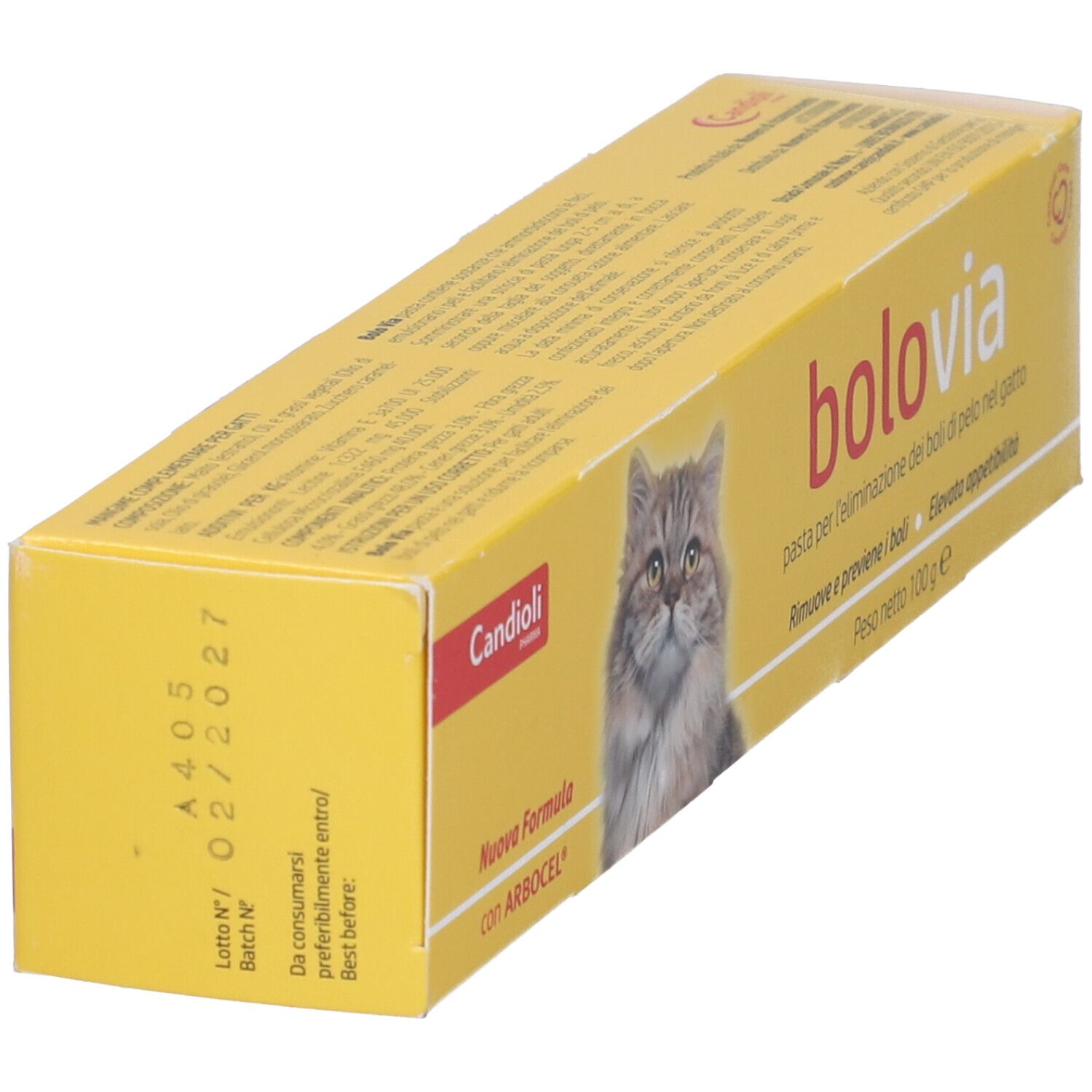 Scatola gialla con nome del prodotto e immagine di gatto. Testo in italiano. Vista dall'alto.