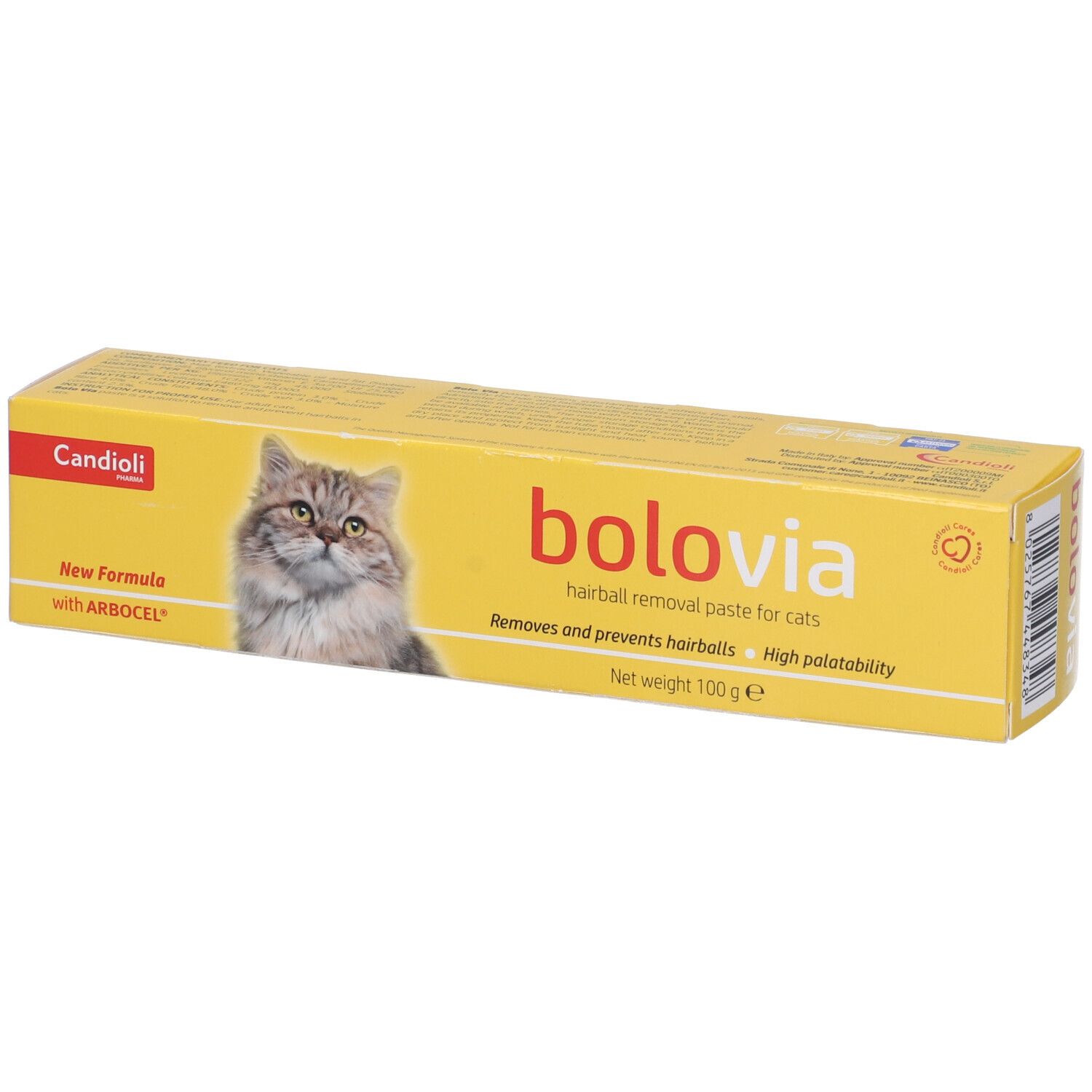 Scatola gialla con nome del prodotto e immagine di gatto. Testo in italiano.