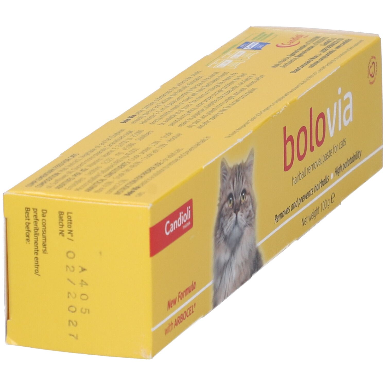 Scatola gialla con nome del prodotto e immagine di gatto. Testo in italiano. Vista dall'alto.