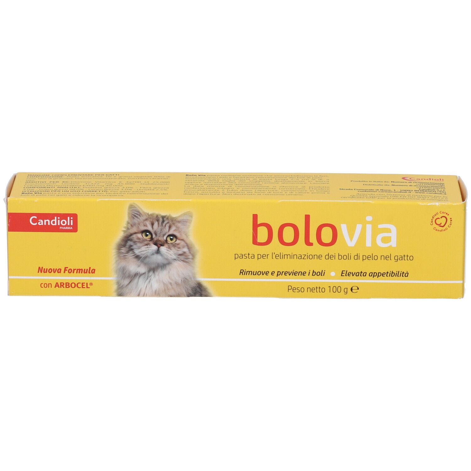 Scatola gialla con nome del prodotto e immagine di gatto. Testo in italiano.