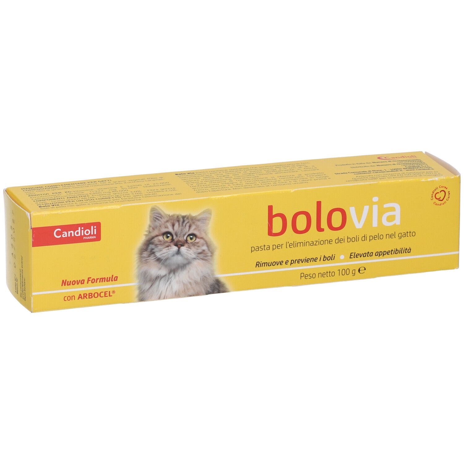 Scatola gialla con nome del prodotto e immagine di gatto. Testo in italiano.