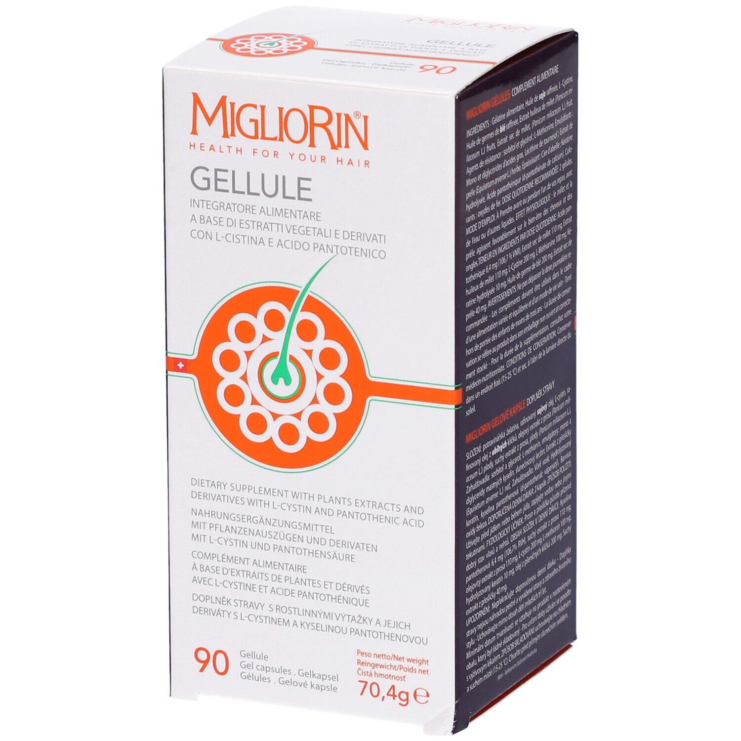 Scatola di Migliorin Gellule. Stampa con nome del prodotto, ingredienti e logo. 90 capsule, 70,4g.