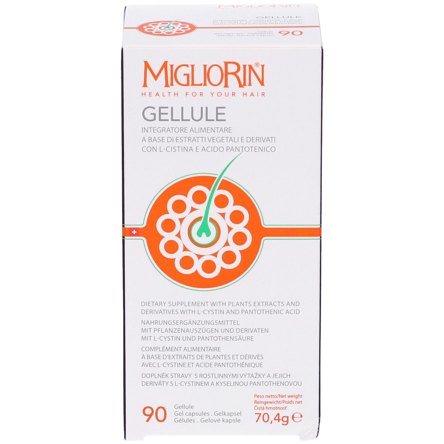 Scatola di Migliorin Gellule. Nome del prodotto, logo e ingredienti. 90 capsule, 70,4g.