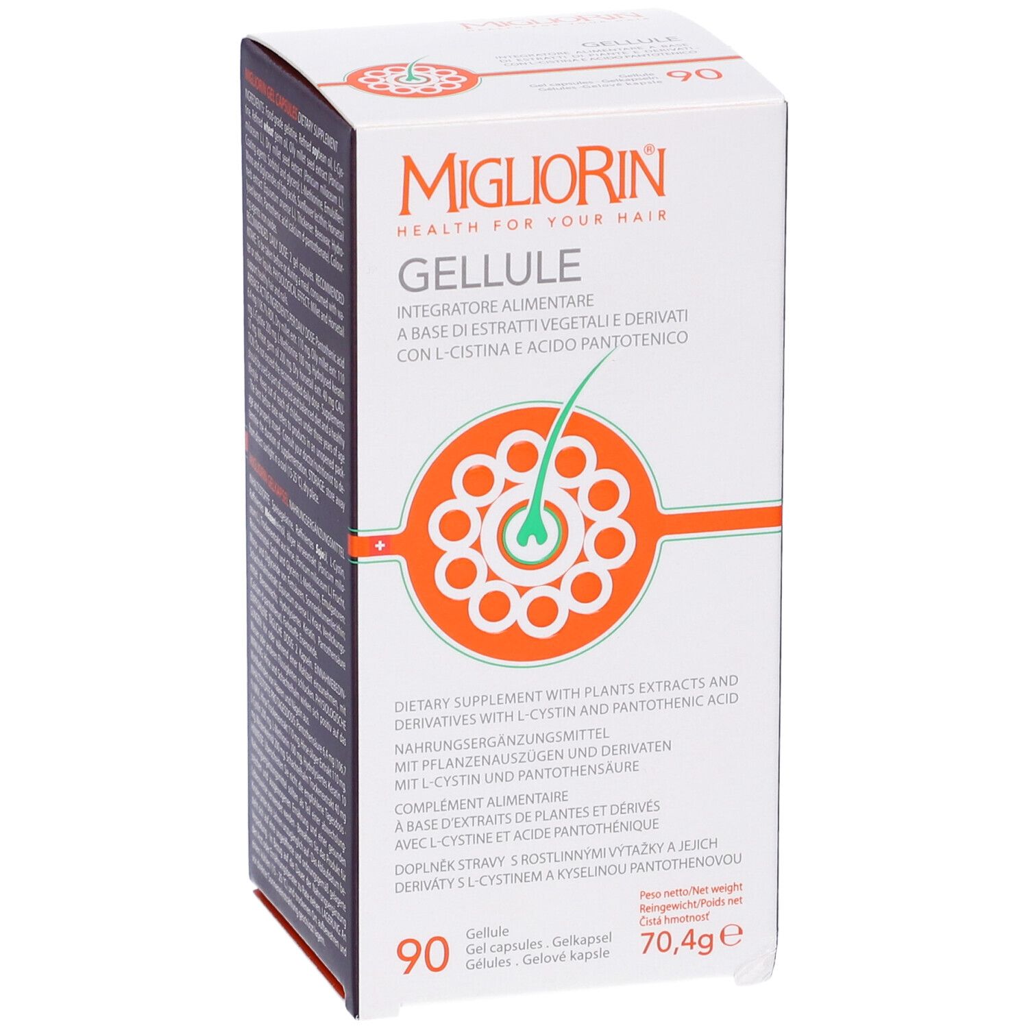 Scatola di Migliorin Gellule. Nome del prodotto, logo e ingredienti. 90 capsule, 70,4g.