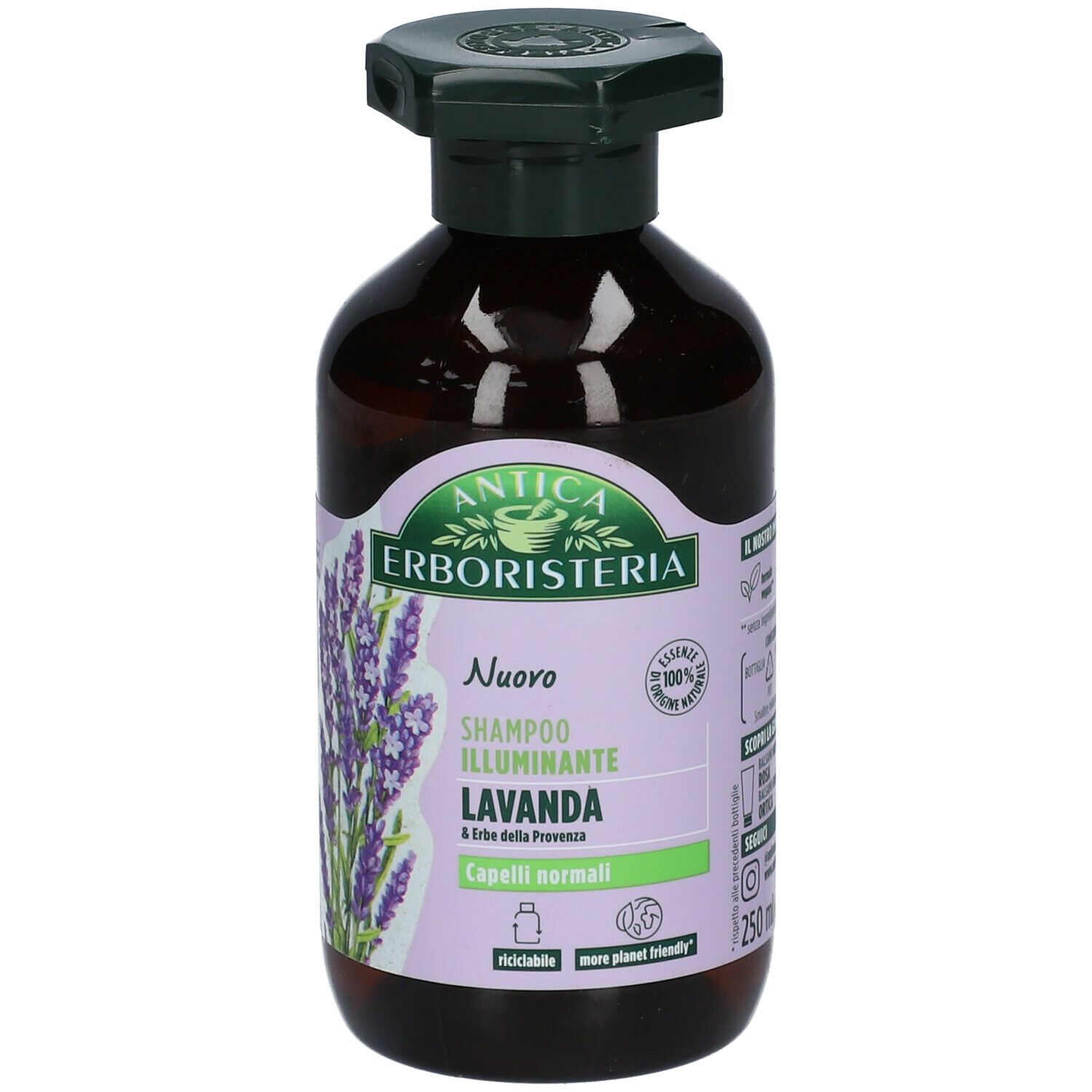 Flacone marrone con tappo a pompa verde. Etichetta con lavanda e testo.