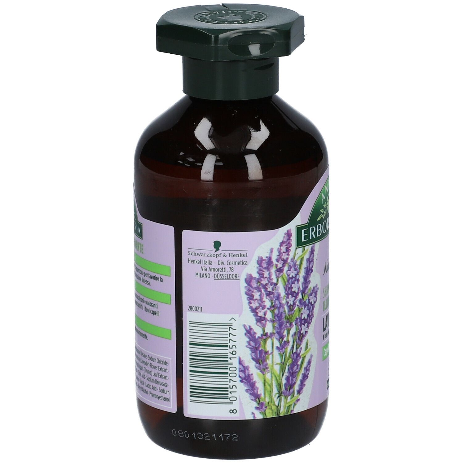 Retro di un flacone marrone con tappo a pompa verde. Testo e illustrazione di lavanda.