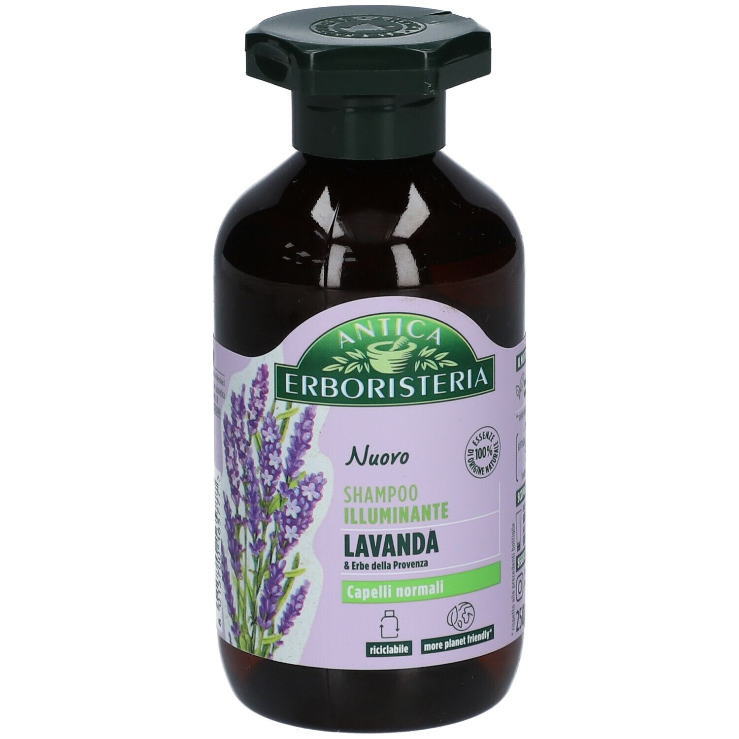 Flacone marrone con tappo a pompa verde. Etichetta con lavanda e testo.