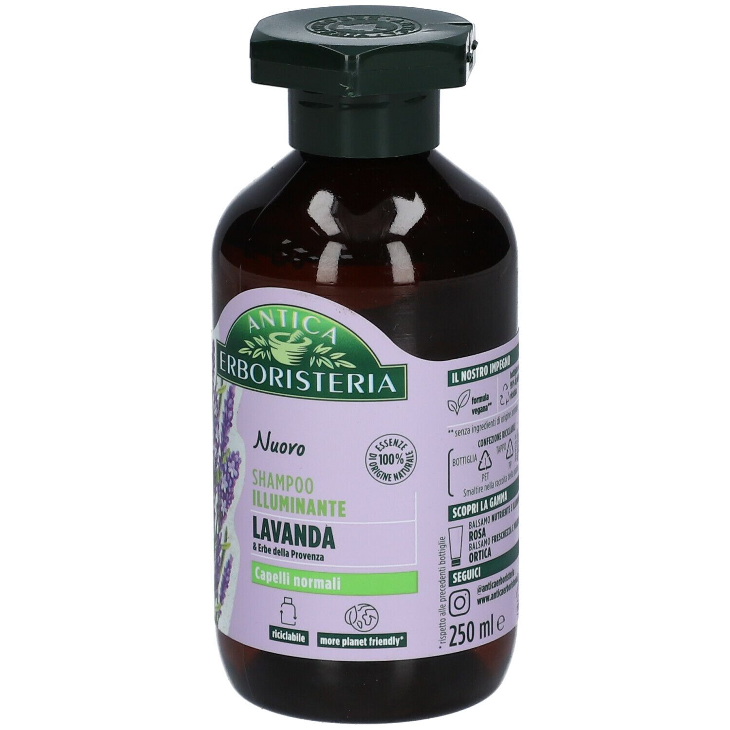 Flacone marrone con tappo a pompa verde. Etichetta con lavanda e testo.