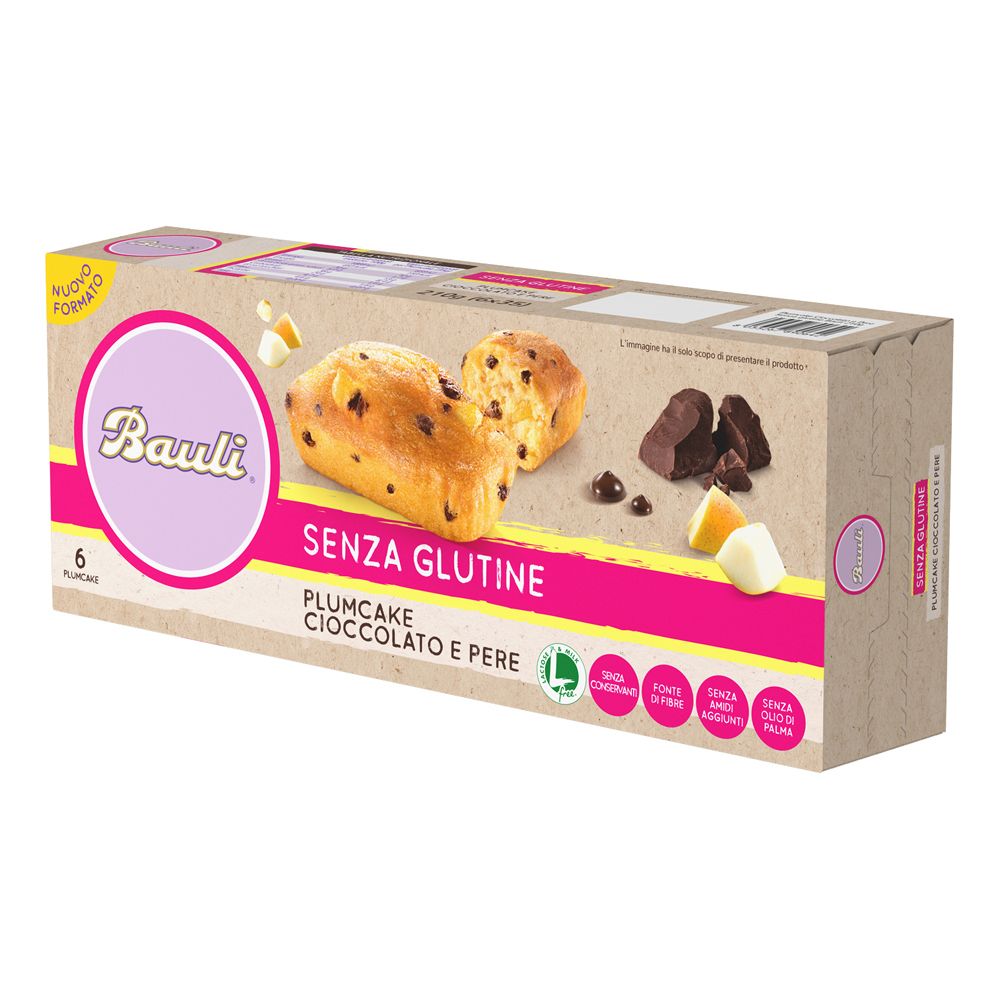 Bauli Plumcake Cioccolato-Pere senza glutine. Confezione da 6. Immagine del prodotto con torta, cioccolato e pera.