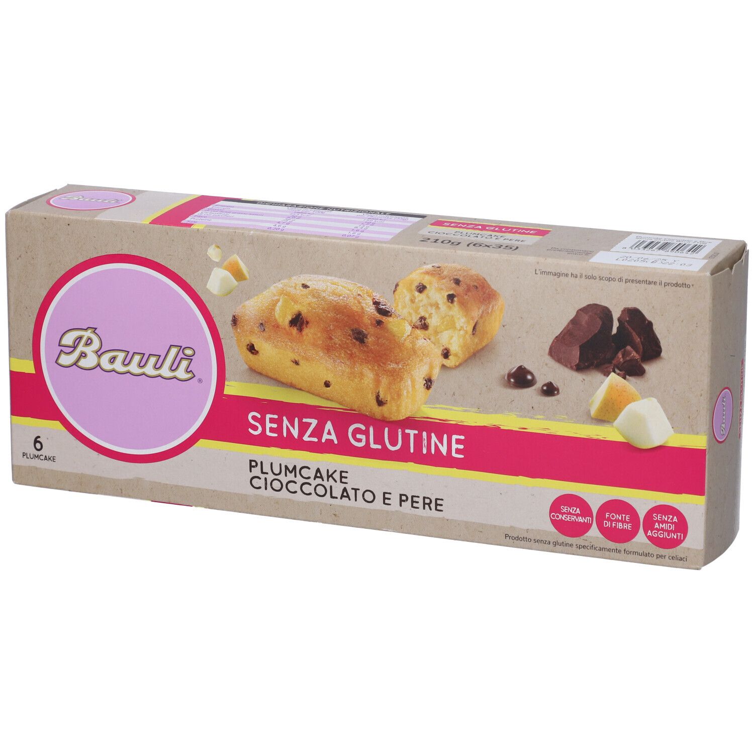 Bauli Plumcake Cioccolato-Pere senza glutine. Confezione da 6. Immagine del prodotto con torta, cioccolato e pera.