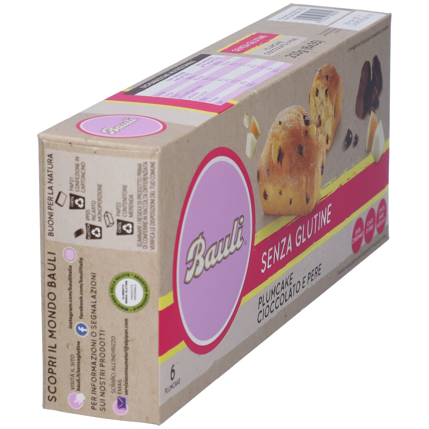 Bauli Plumcake Cioccolato-Pere senza glutine. Confezione da 6. Retro con informazioni e logo.