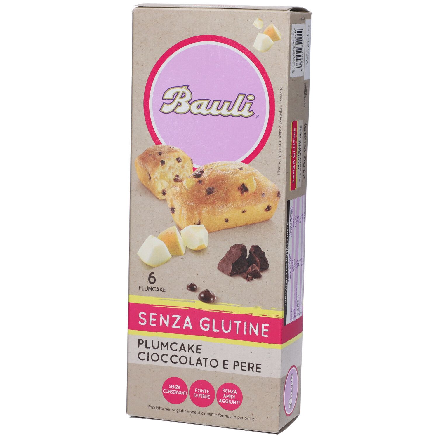 Bauli Plumcake Cioccolato-Pere senza glutine. Confezione da 6. Immagine del prodotto con torta, cioccolato e pera.