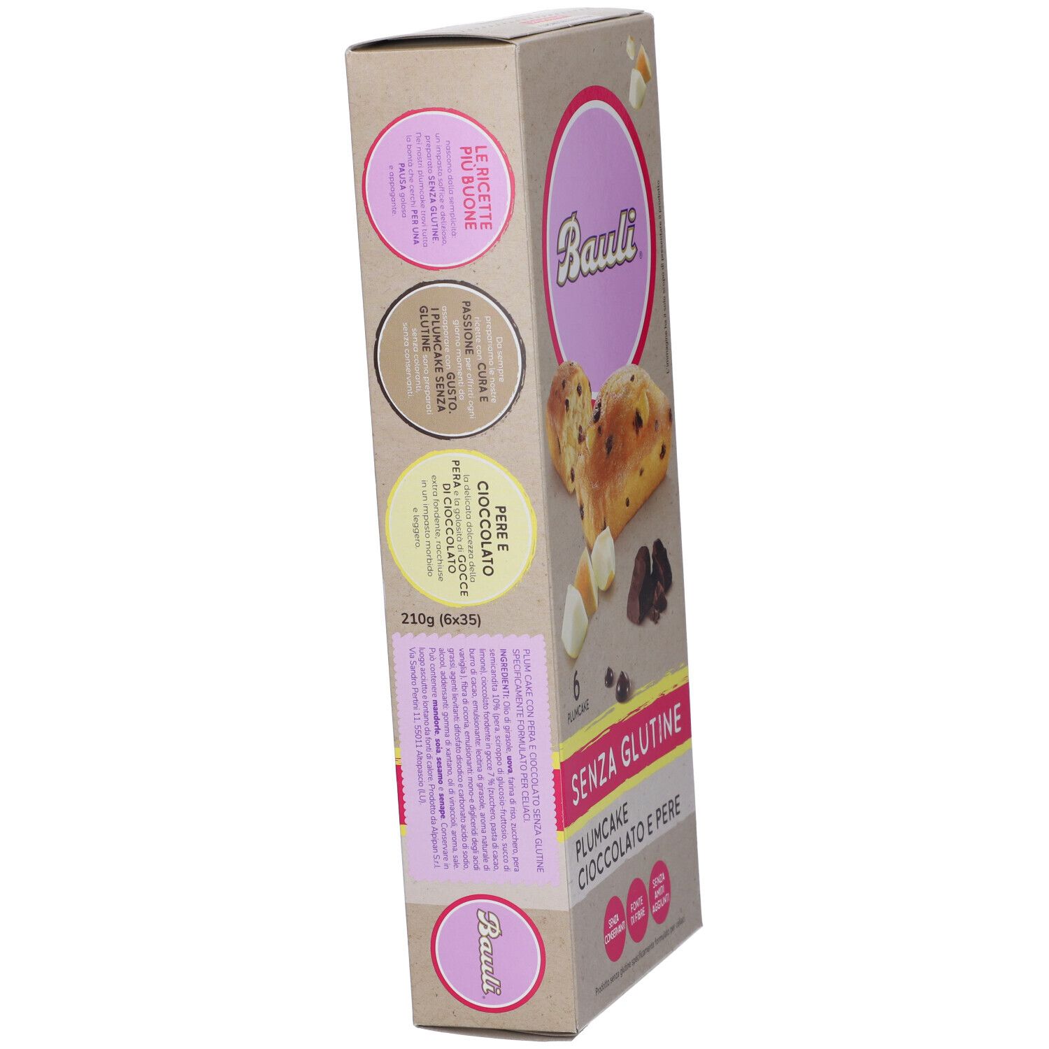 Bauli Plumcake Cioccolato-Pere senza glutine. Confezione da 6. Vista laterale con informazioni sul prodotto.