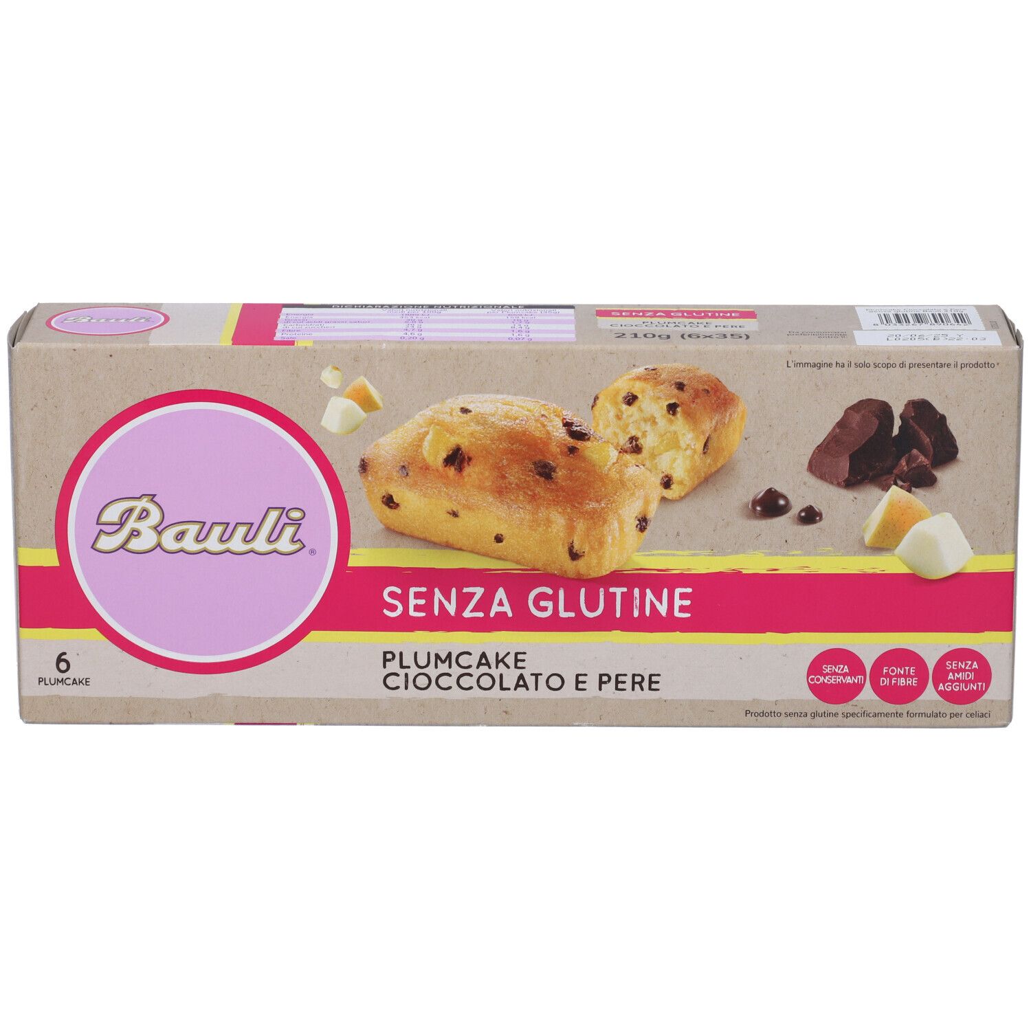 Bauli Plumcake Cioccolato-Pere senza glutine. Confezione da 6. Immagine del prodotto con torta, cioccolato e pera.