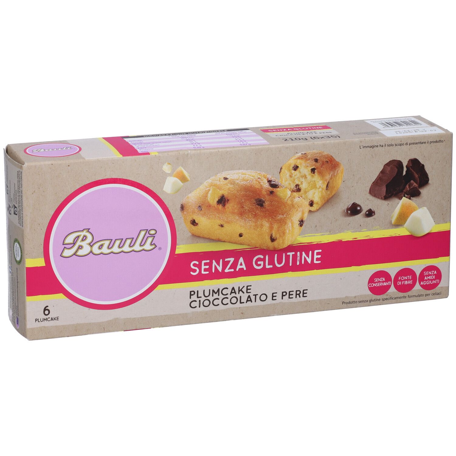 Bauli Plumcake Cioccolato-Pere senza glutine. Confezione da 6. Immagine del prodotto con torta, cioccolato e pera.