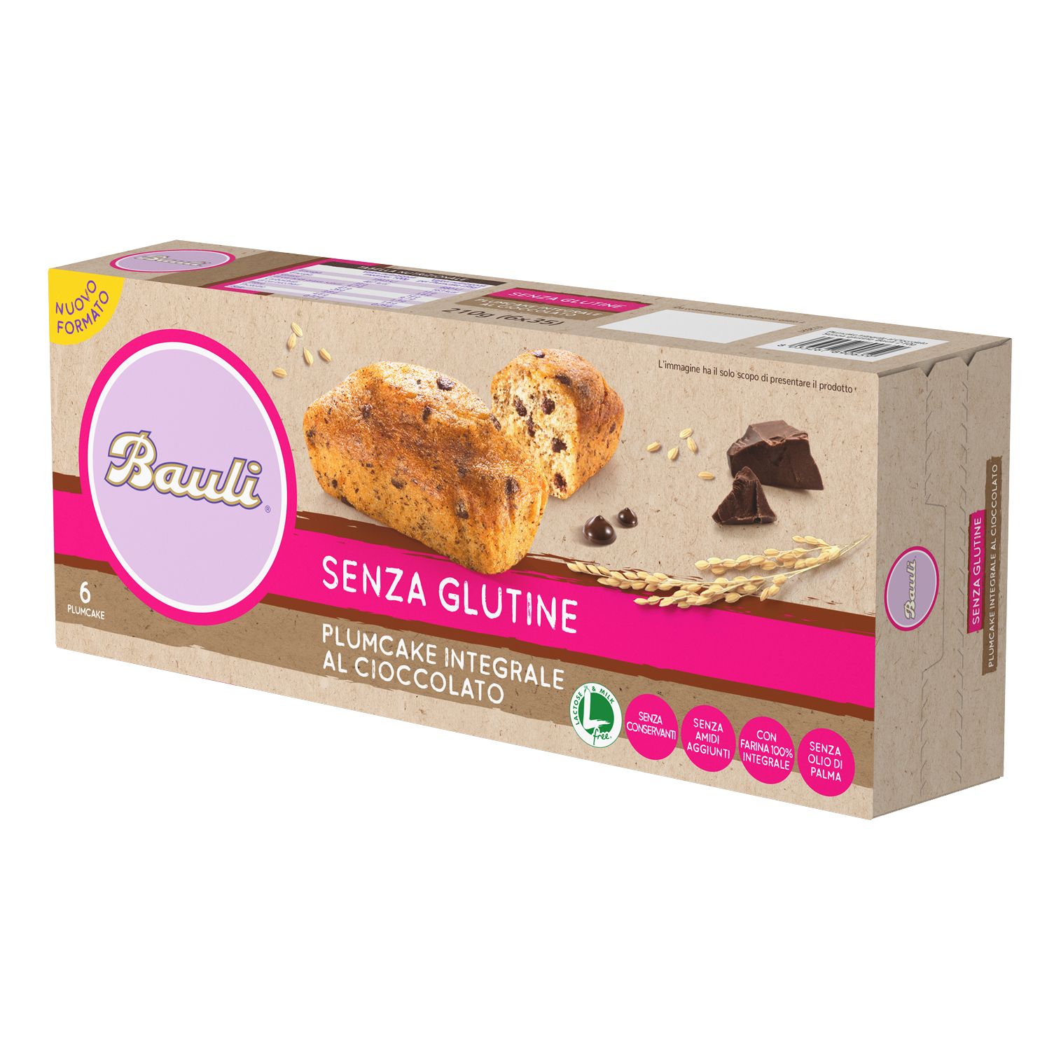 Confezione di Bauli Plumcake Integrale Al Cioccolato Senza Glutine. Mostra il prodotto e ingredienti.