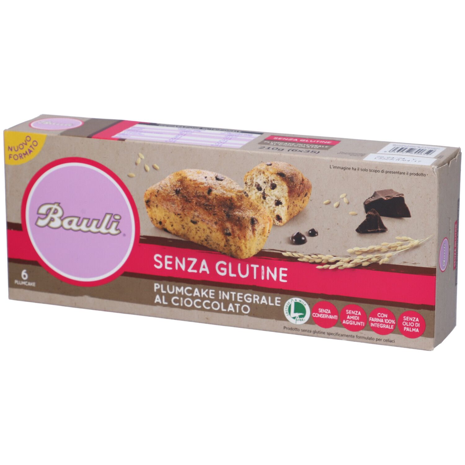 Confezione Bauli Plumcake Integrale Al Cioccolato Senza Glutine. Prodotto, ingredienti e logo.