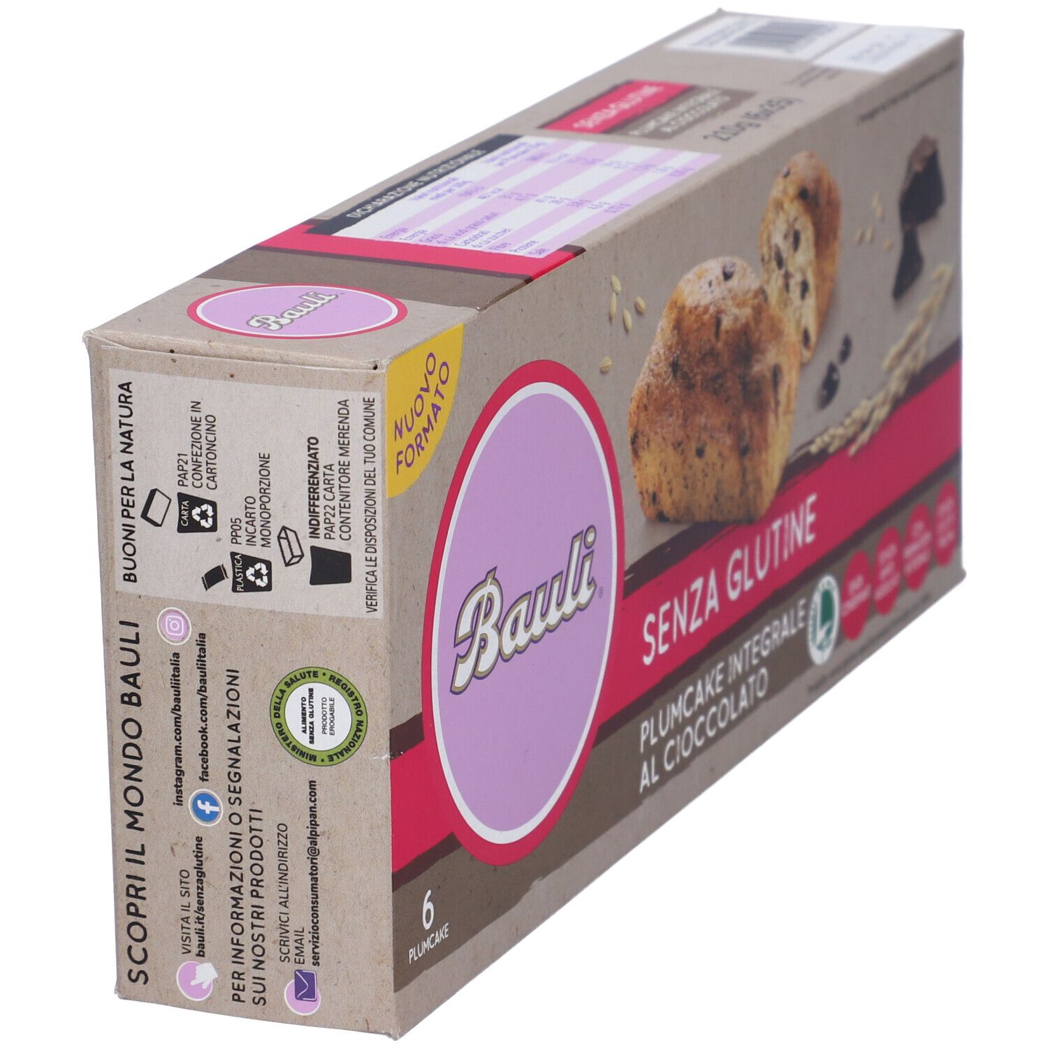 Confezione Bauli Plumcake Integrale Al Cioccolato Senza Glutine. Vista laterale con logo e testo.