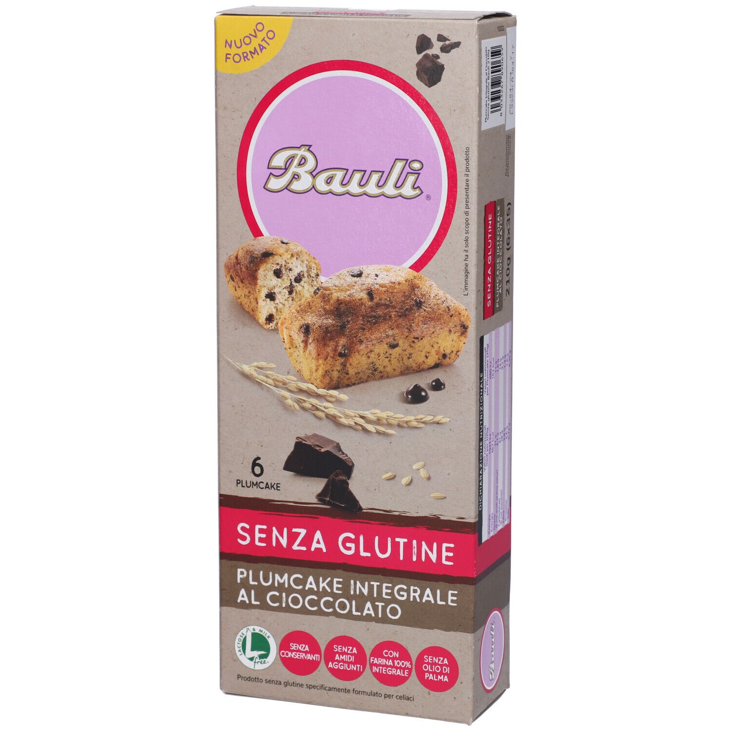 Confezione Bauli Plumcake Integrale Al Cioccolato Senza Glutine. Prodotto, ingredienti e logo.