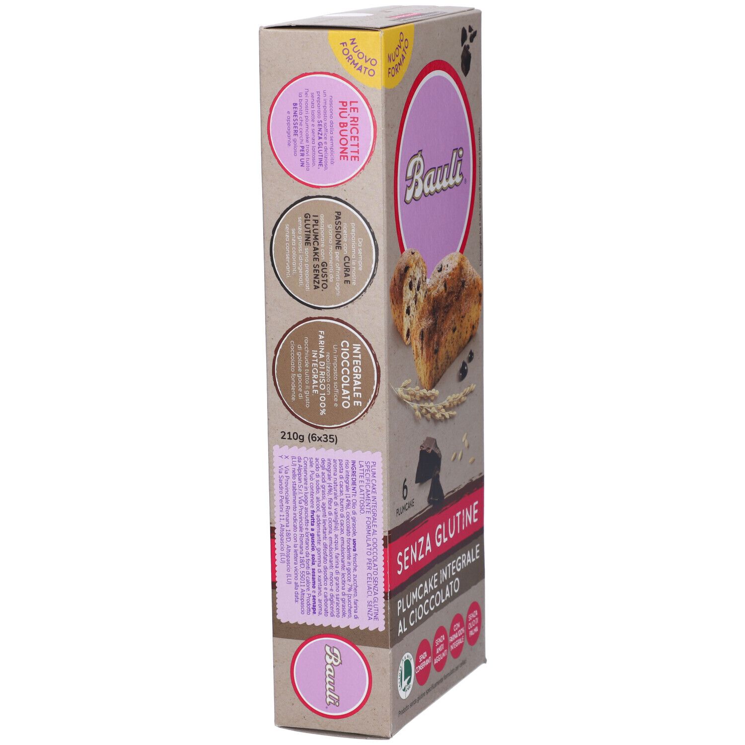 Confezione Bauli Plumcake Integrale Al Cioccolato Senza Glutine. Vista laterale con informazioni prodotto.