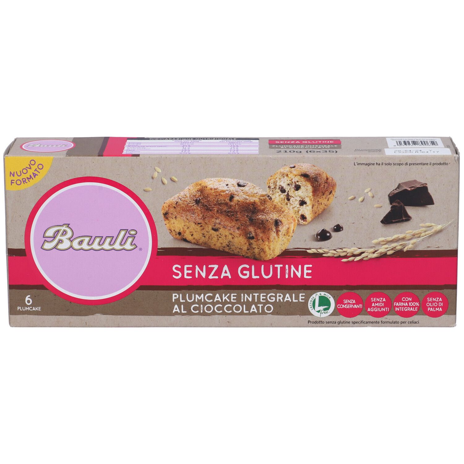 Confezione Bauli Plumcake Integrale Al Cioccolato Senza Glutine. Prodotto, ingredienti e logo.