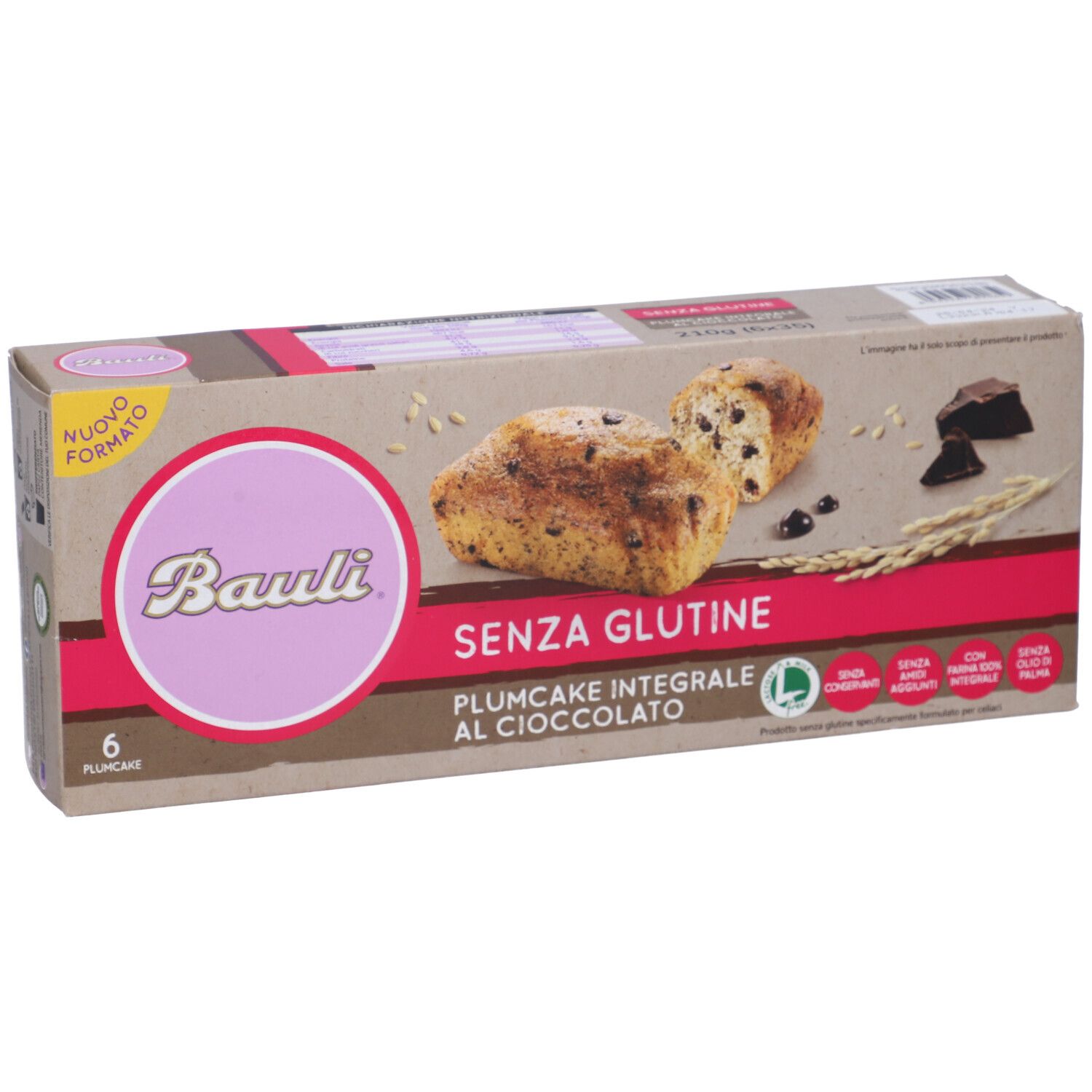 Confezione Bauli Plumcake Integrale Al Cioccolato Senza Glutine. Prodotto, ingredienti e logo.