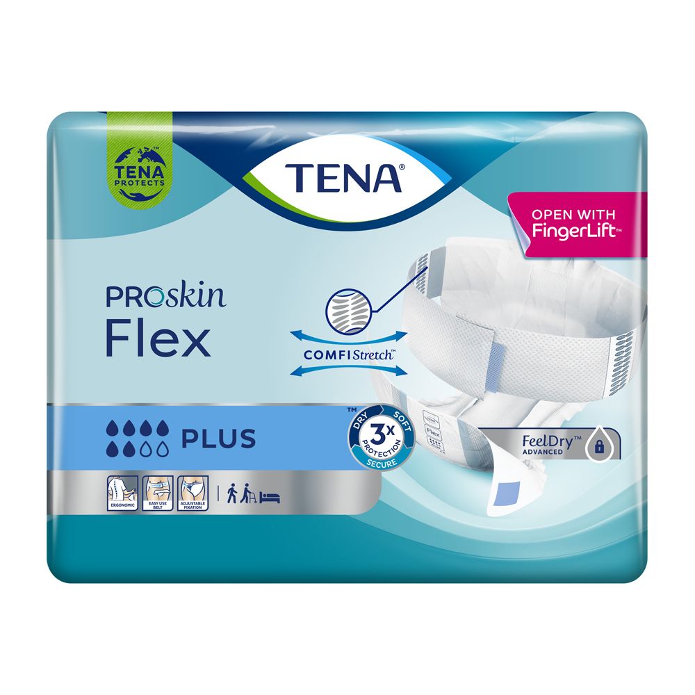 Verpackung von TENA Proskin Flex Plus. Türkis-weißes Design mit Produktnamen und Logos. Zeigt ein geöffnetes Produkt.