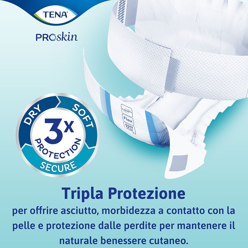 Nahaufnahme von TENA Proskin. Produkt mit Text: 3x Schutz, Trocken, Weich, Sicher. Text: Tripla Protezione.