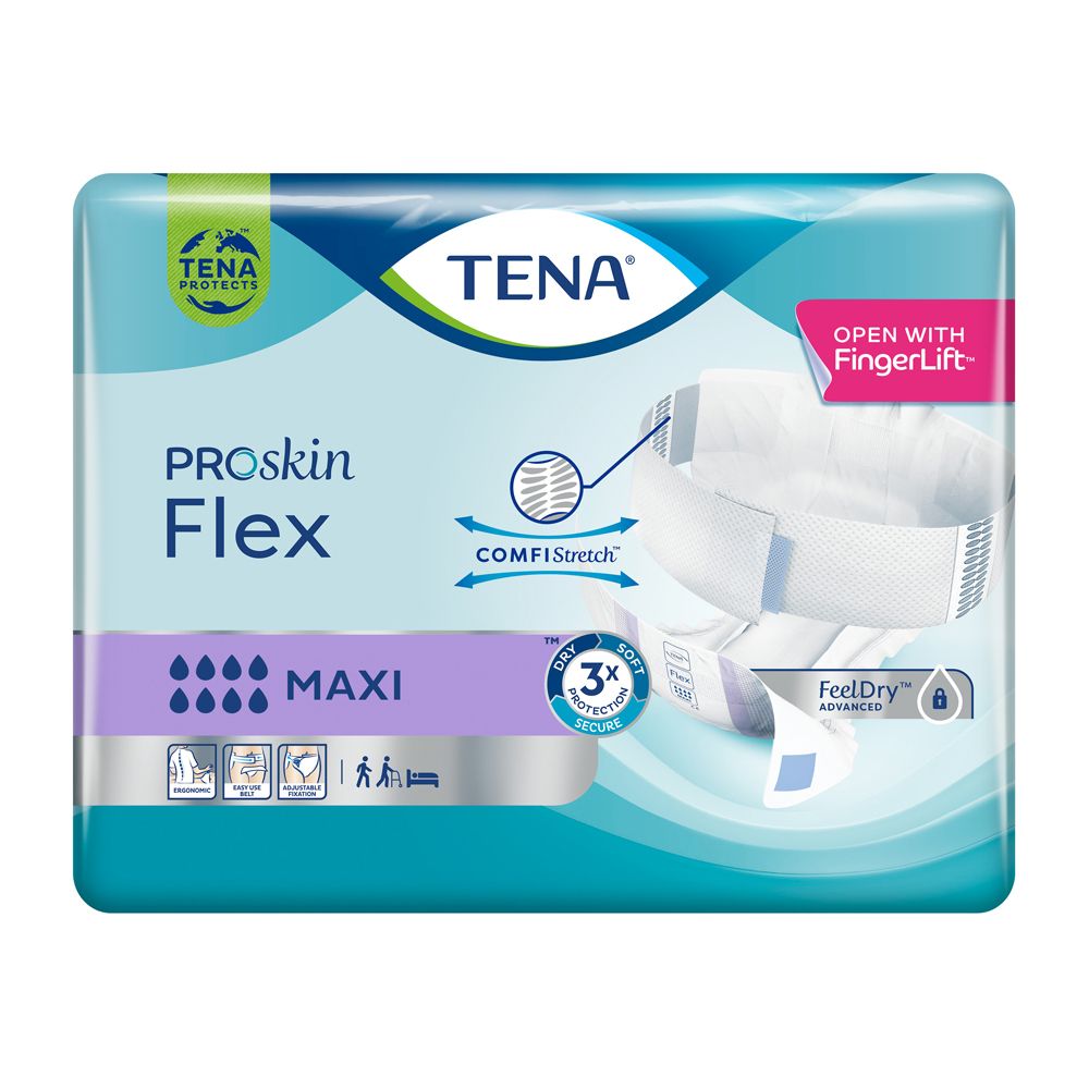 Verpackung von TENA ProSkin Flex Maxi. Blaue und weiße Verpackung mit Produktnamen und Eigenschaften. Mit 'FeelDry Advanced'.