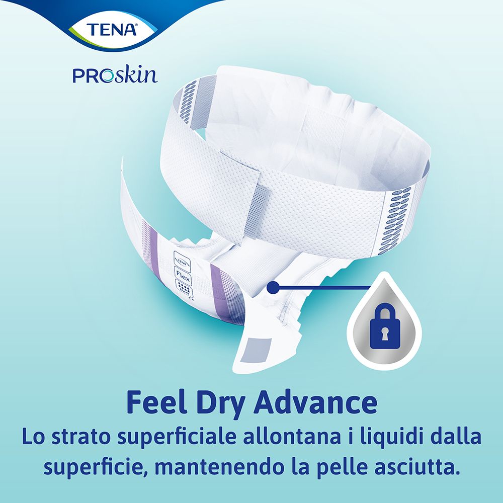 Nahaufnahme des TENA ProSkin Flex. Zeigt das Produkt mit dem Feel Dry Advance-Logo. Text: Feel Dry Advance.