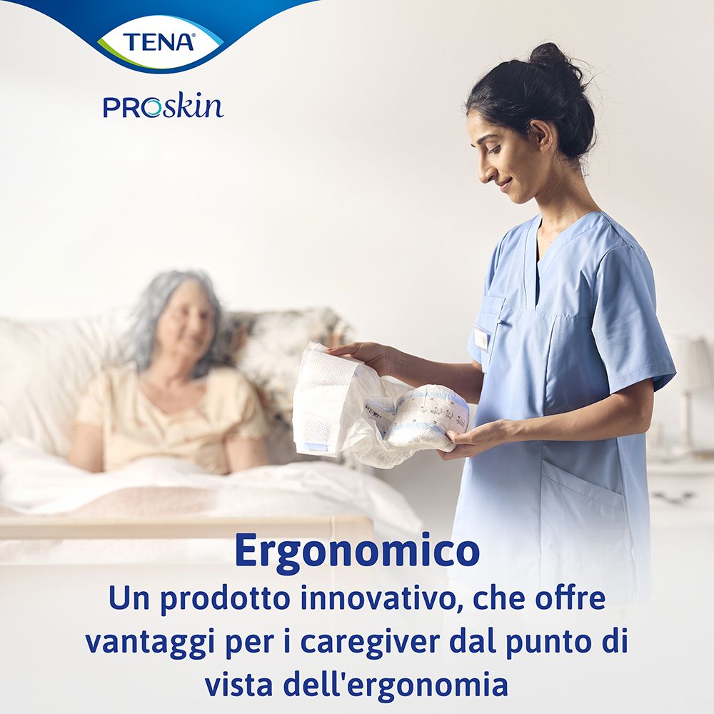 Eine Pflegekraft und eine ältere Frau im Bett. TENA ProSkin Flex wird gezeigt. Text: Ergonomico.