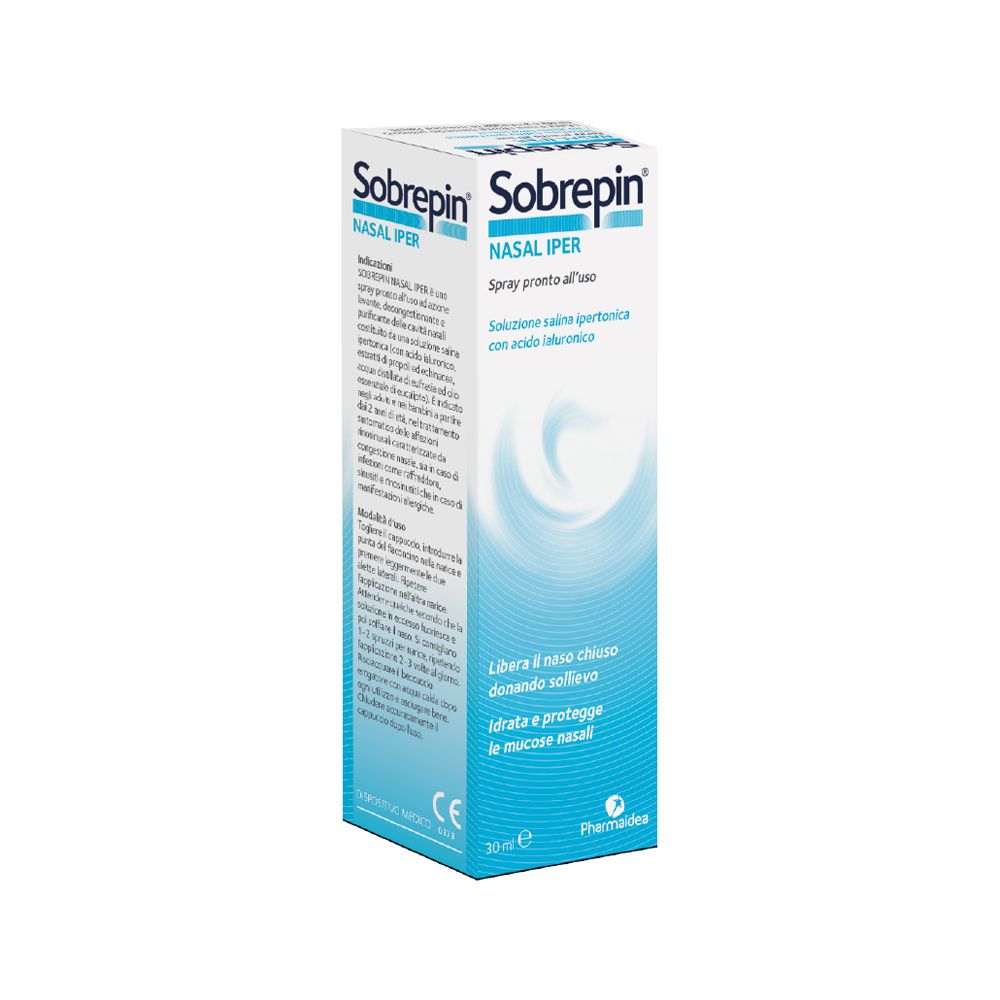 Scatola bianca con stampa del prodotto. Testo: Sobrepin Nasal Iper. Flacone con nebulizzatore. 30 ml.