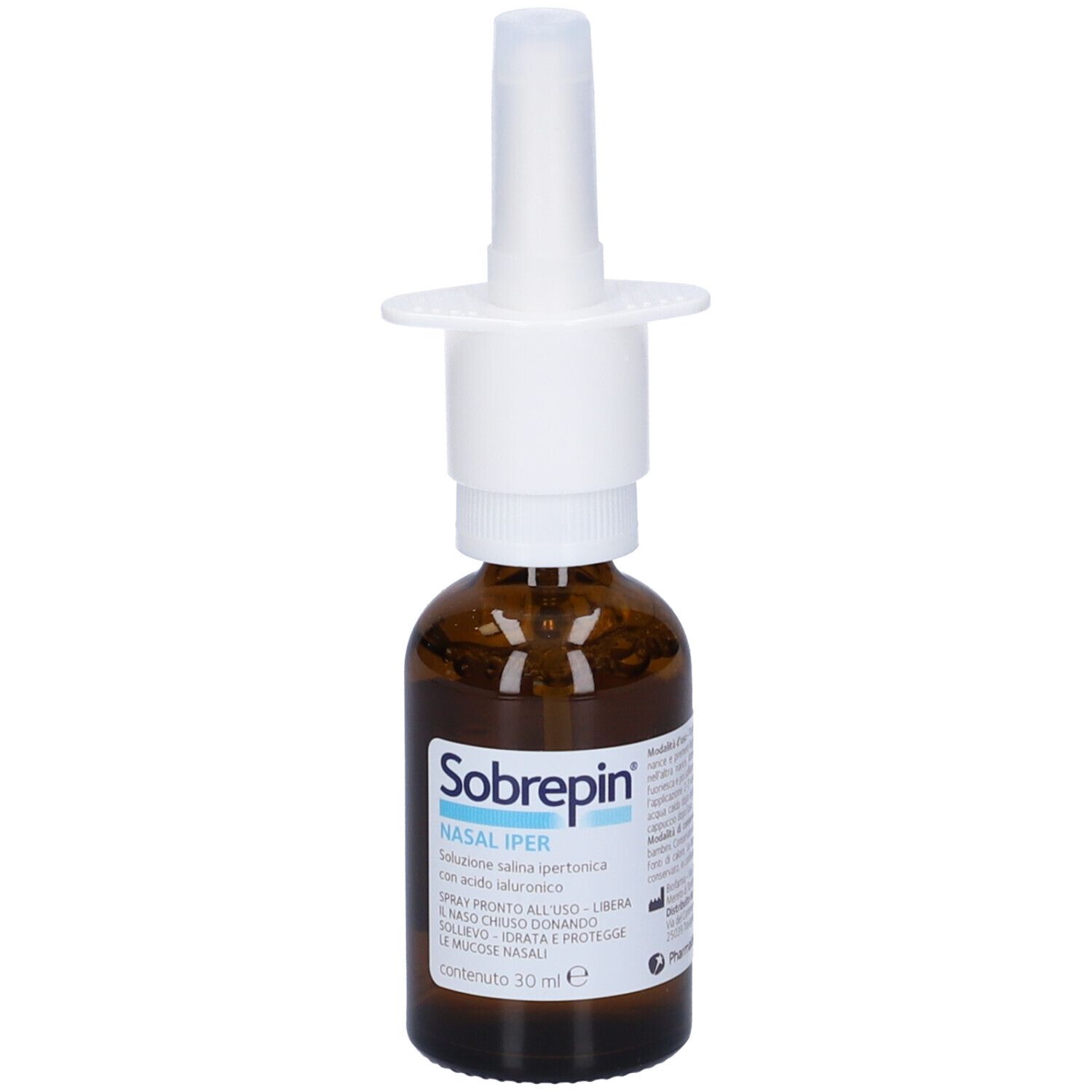 Flacone di vetro marrone con nebulizzatore bianco. Testo: Sobrepin Nasal Iper. 30 ml.
