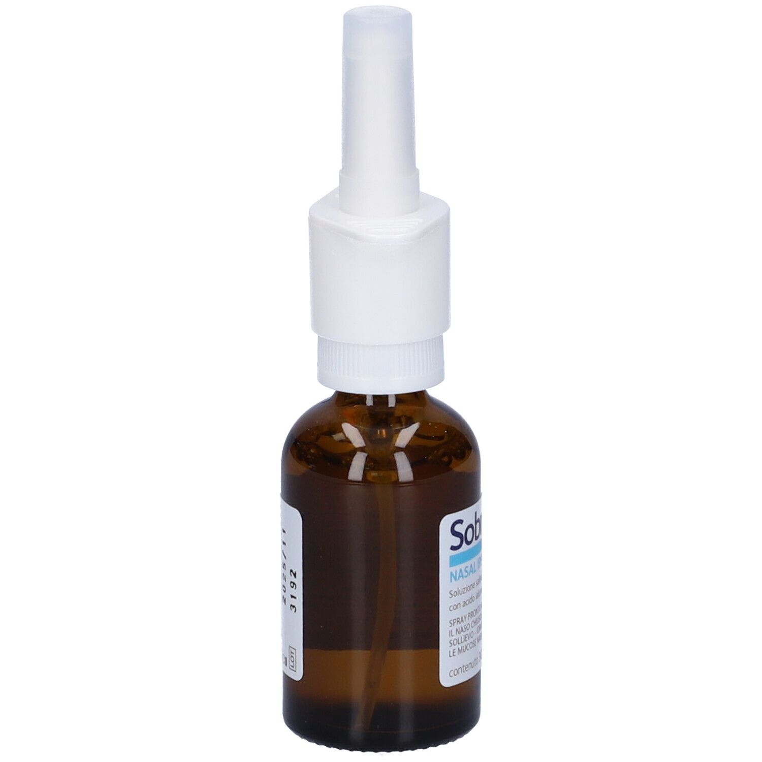 Flacone di vetro marrone con nebulizzatore bianco. Testo sull'etichetta.