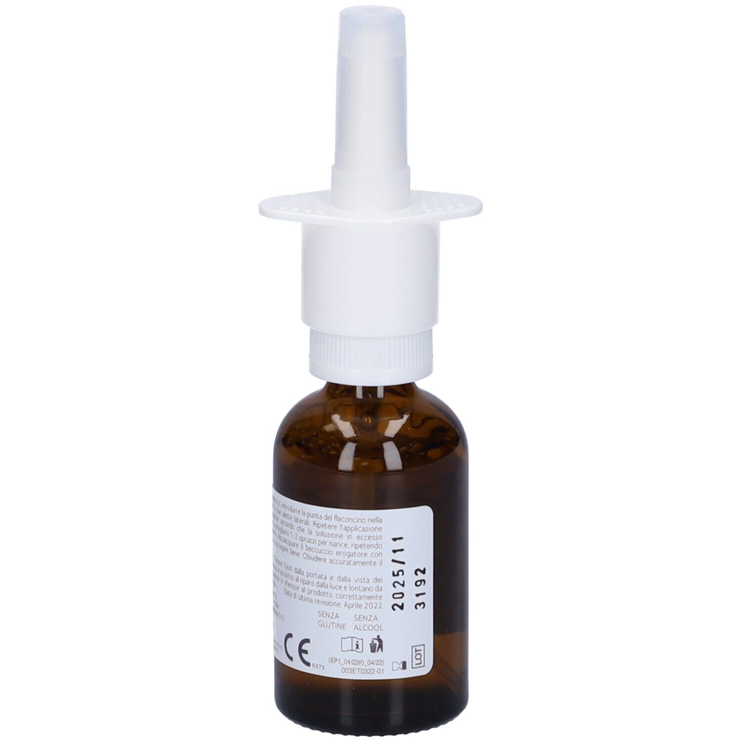 Flacone di vetro marrone con nebulizzatore bianco. Testo sull'etichetta.