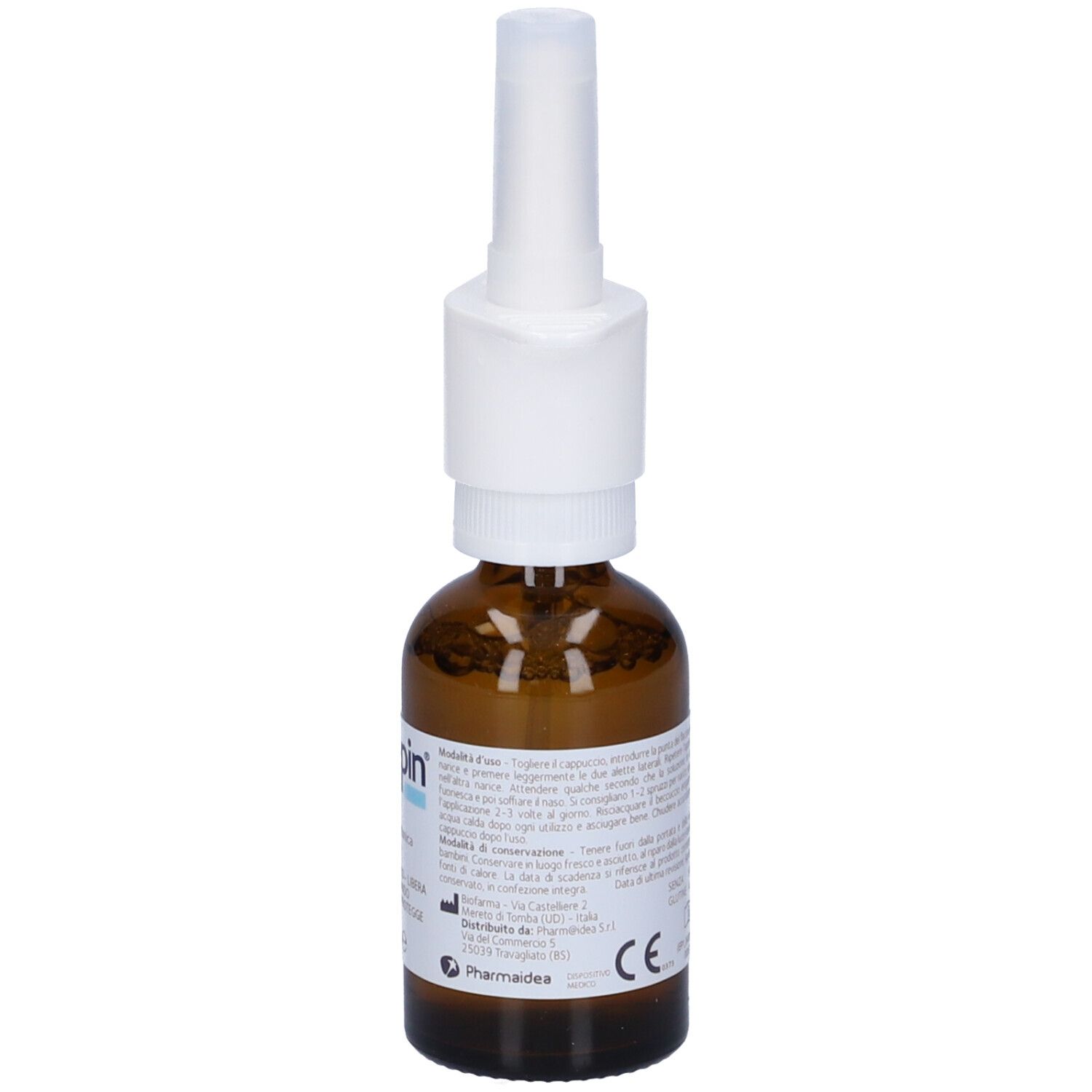 Flacone di vetro marrone con nebulizzatore bianco. Testo sull'etichetta.