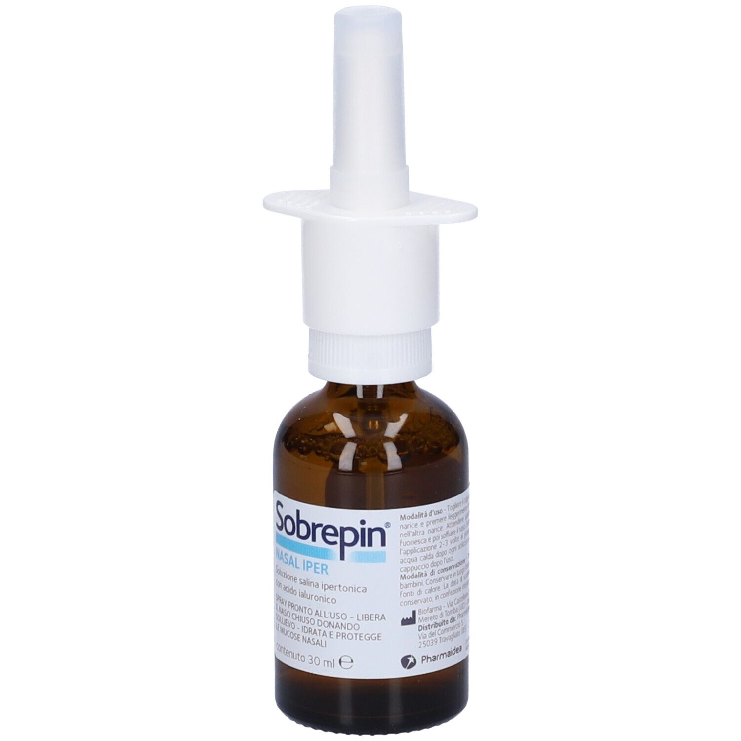 Flacone di vetro marrone con nebulizzatore bianco. Testo: Sobrepin Nasal Iper. 30 ml.